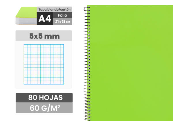 Cuaderno A4 80H 60gr/m2 Cuadros 5x5mm Tapa Blanda