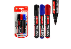 3 Rotuladores Permanente E200 Punta Redonda Gruesa 2-3mm Negro Rojo Azul