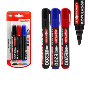 3 Rotuladores Permanente E200 Punta Redonda Gruesa 2-3mm Negro Rojo Azul