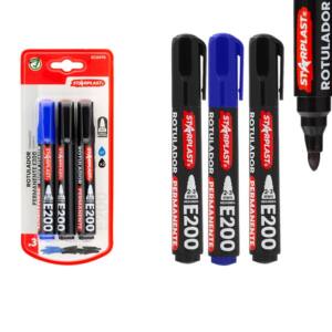 3 Rotuladores Permanentes E200 Punta Redonda Gruesa 2-3mm 2 Negro y 1 Azul