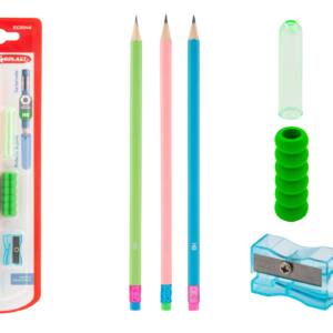 Set 3 lápices HB sacapuntas antideslizante y protector