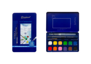 12 Acuarelas 2 Pinceles Normal y Agua 1 Lápiz Caja Metálica y Funda Terciopelo