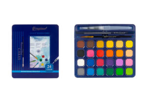24 Acuarelas 2 Pinceles Normal y Agua 1 Lápiz Caja Metálica y Funda Terciopelo
