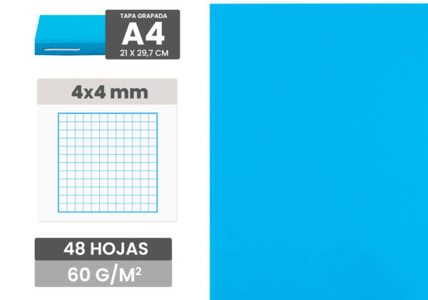 Cuaderno Grapado Tamaño A4 48Hojas 60gr/m2 Cuadros 4x4mm