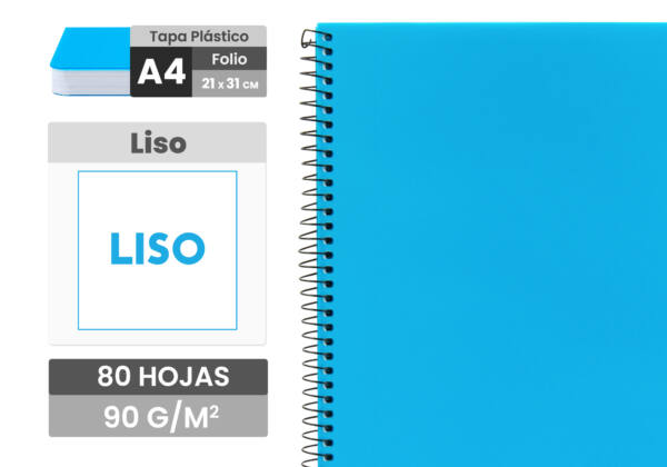 Cuaderno espiral Folio 80H 90g/m2 hoja lisa tapa plástico