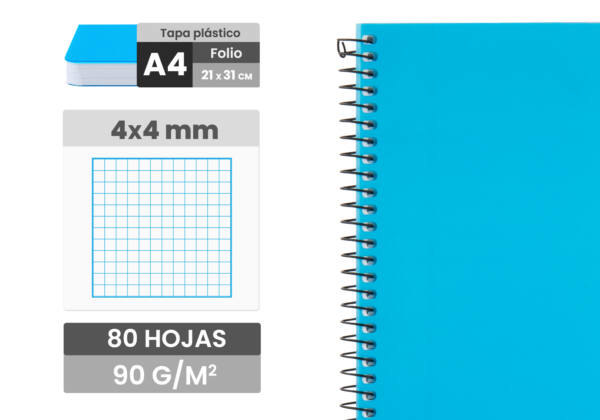 Cuaderno espiral Folio 80H 90g/m2 cuadros 4x4mm tapa plástico