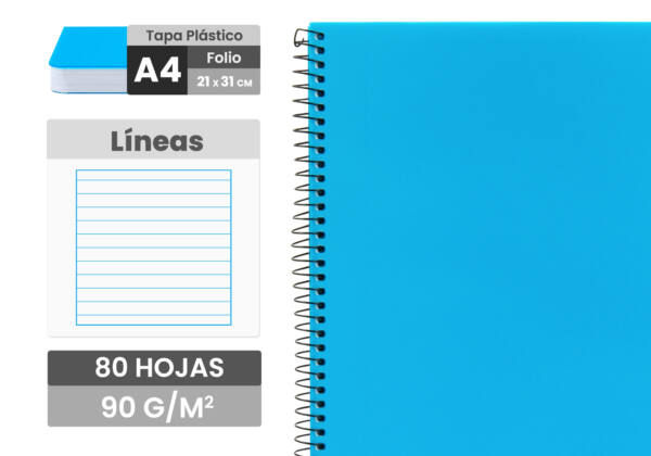 Cuaderno espiral Folio 80H 90g/m2 Rayas Horizontales tapa plástico