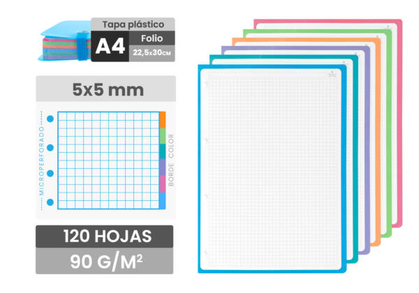 Cuaderno espiral flexible A4 120H cuadros 5x5mm tapa plástico
