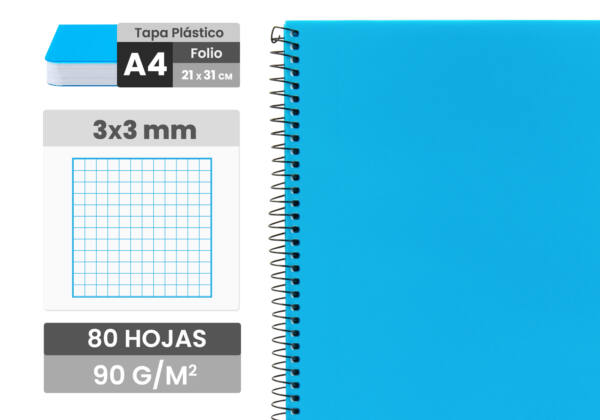 Cuaderno espiral Folio 80H 90g/m2 Cuadros 3x3mm Tapa plástico