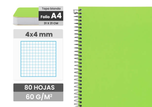 Cuaderno espiral Folio A4 80H 60g/m2 cuadros 4x4mm tapa normal