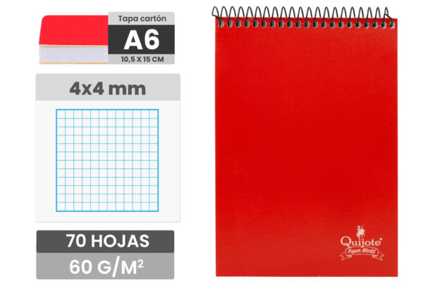Libreta A6 105x150MM 70H 60g/m2 cuadros 4x4mm tapa normal espiral superior