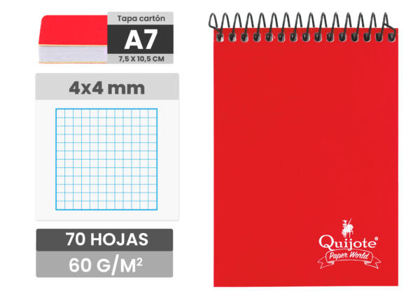 Libreta A7 75x105MM 70H 60g/m2 cuadros 4x4mm tapa normal espiral superior