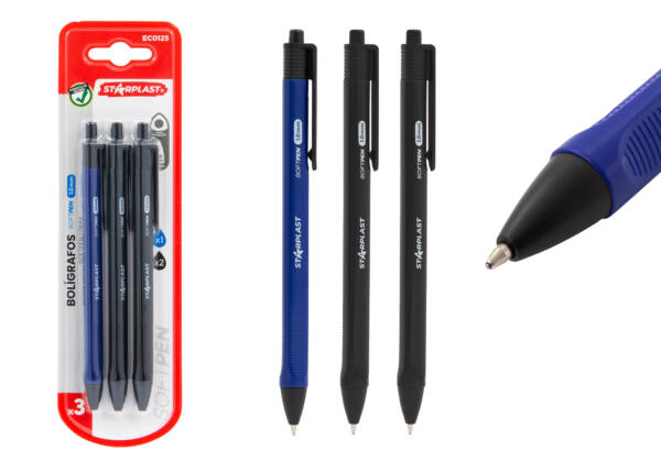 3 Bolígrafos Softpen Punta 1mm 2 Negro y 1 Azul