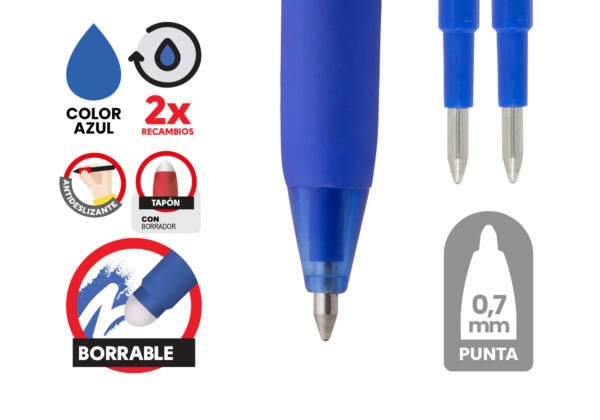 Bolígrafo borrable ROCE azul 0.7mm con tapón y recambios
