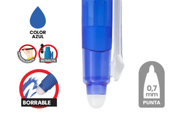 Bolígrafo borrable retráctil 0.7mm Azul con Antideslizante