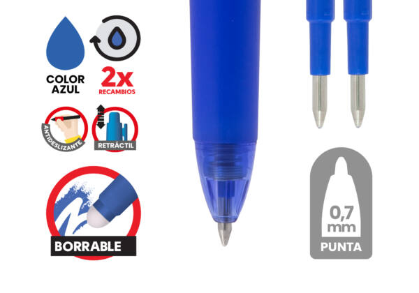 Bolígrafo borrable retráctil 0.7mm Azul con Antideslizante 2 Recambios