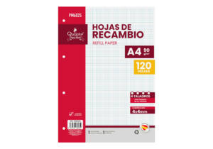 120Hojas Recambio A4 90gr/m2 Cuadros 4x4mm 4 Agujeros