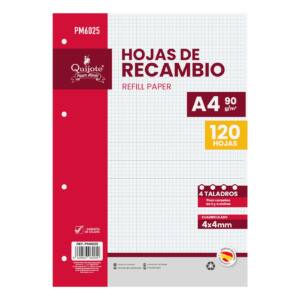 120Hojas Recambio A4 90gr/m2 Cuadros 4x4mm 4 Agujeros