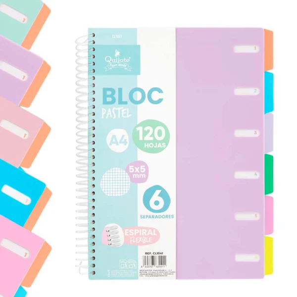 cuadernos a4 tapa plástico y separadores colores pastel 120 hojas