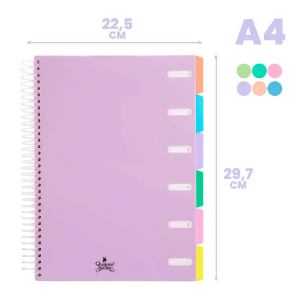 cuadernos a4 tapa plástico y separadores. imagen con las medidas del cuadernos y colores